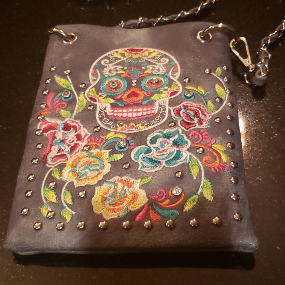 Embroidered  Skull & Rhinestone messenger purse
